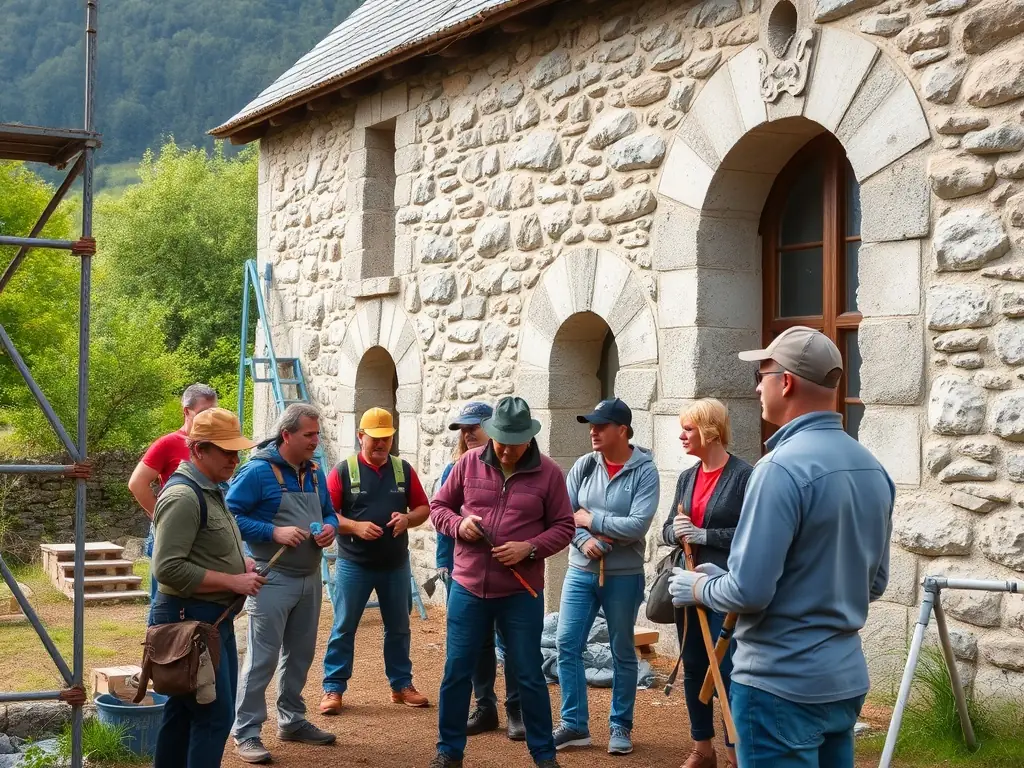 A photo showing volunteers working on the restoration of a historic building in Haute Vallée du Goul, emphasizing the organization's commitment to preserving local heritage.