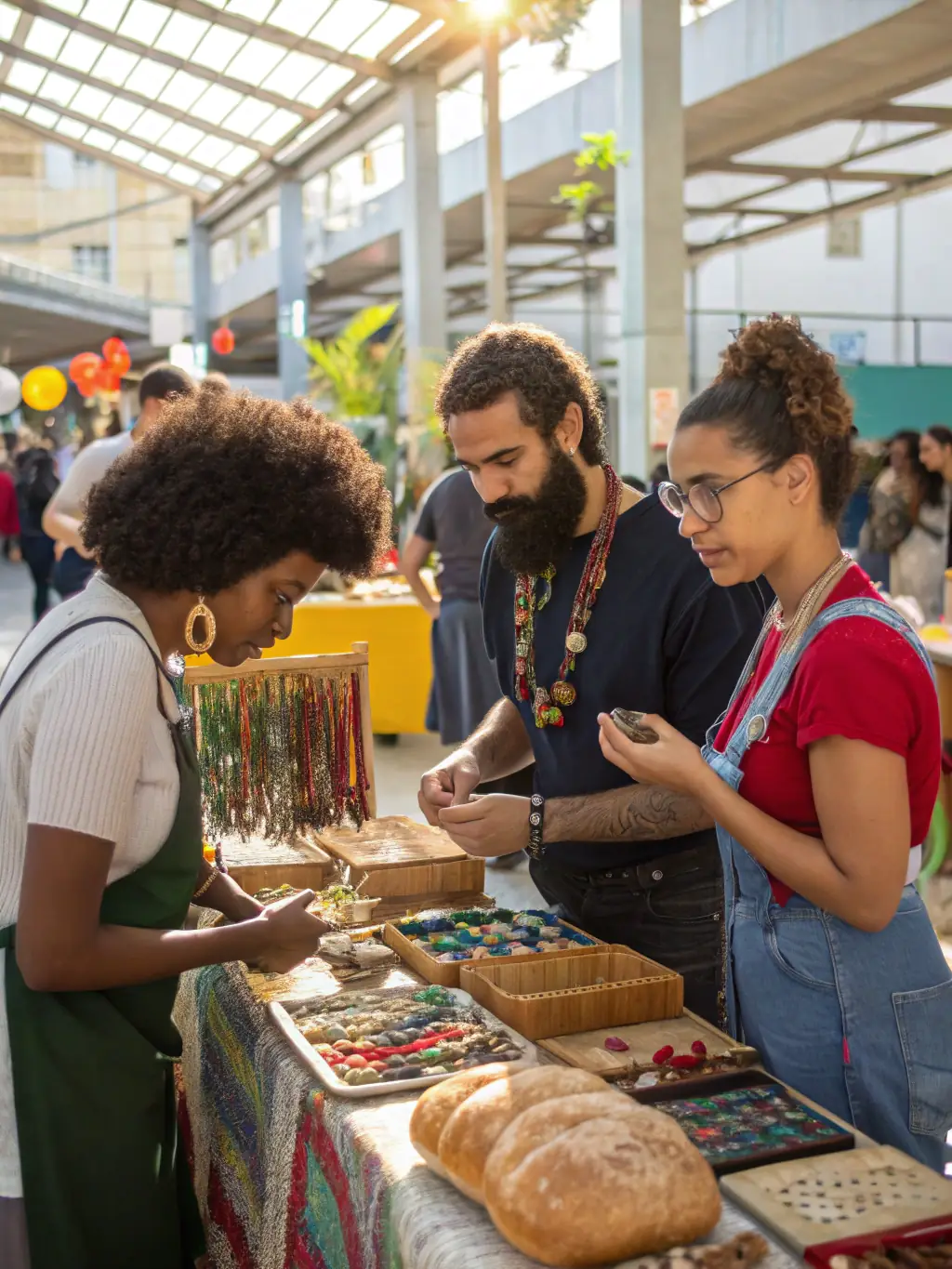A photo of local artisans displaying their crafts at a community market organized by DEVELOP TOURISME HAUTE VALLEE DU GOUL, highlighting support for local businesses.